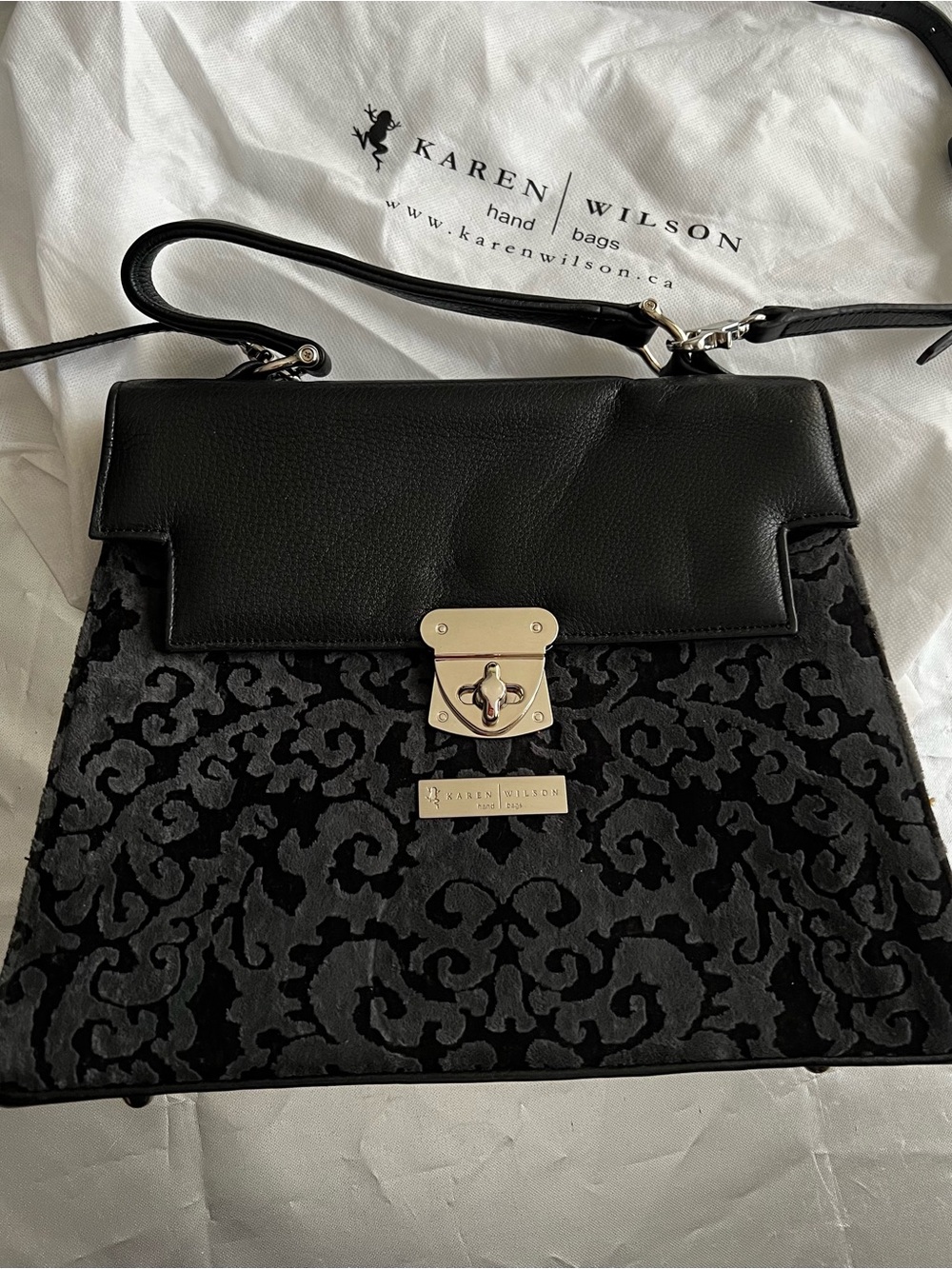Karen Wilson Black Velvet-Pattern and leather ‘Kelly Bag’ style.